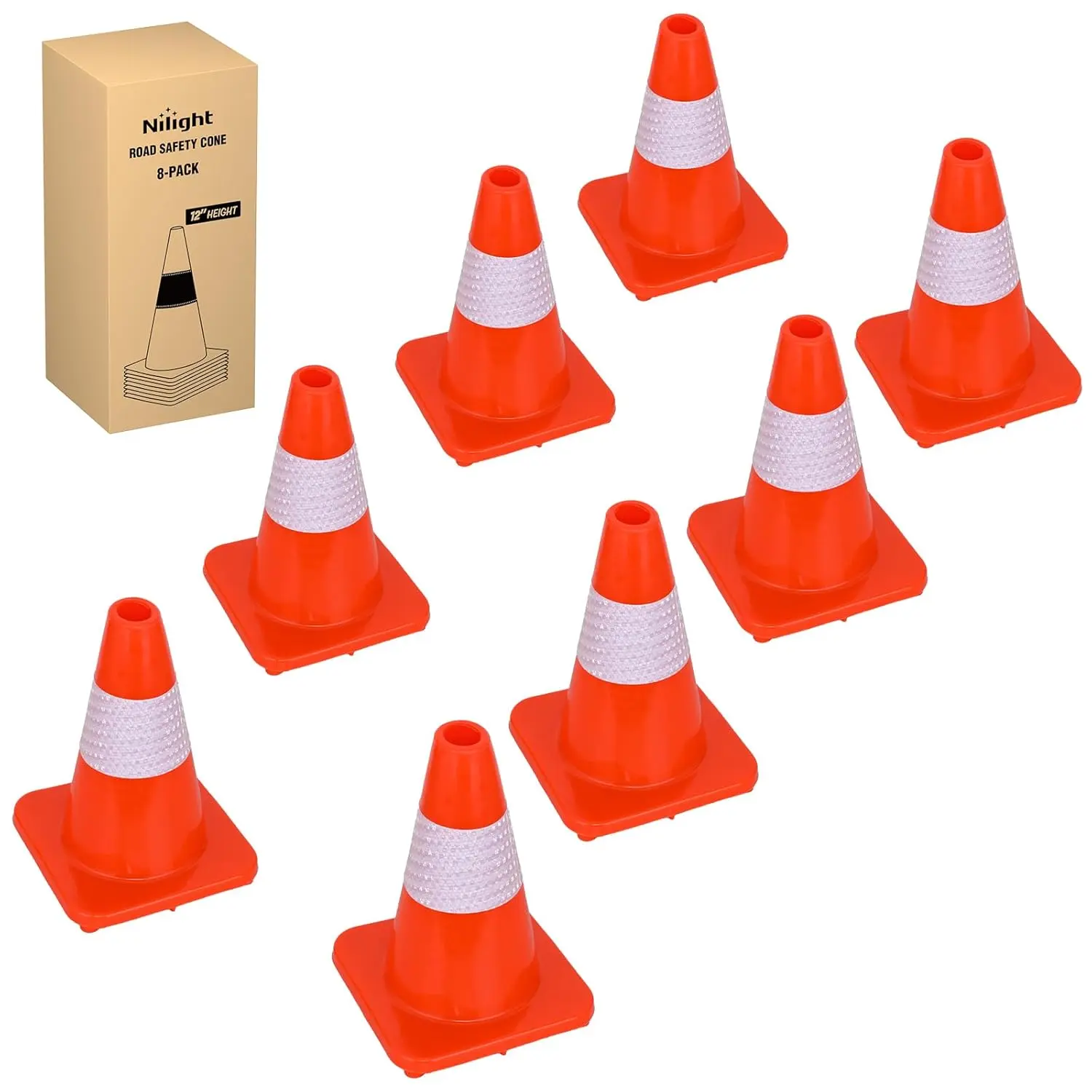 Nilight 8-Pack 12-in PVC Orange Traffic Safety Cones, Featuring Reflective Collars & Reflectors for Road Safety, Construction Work