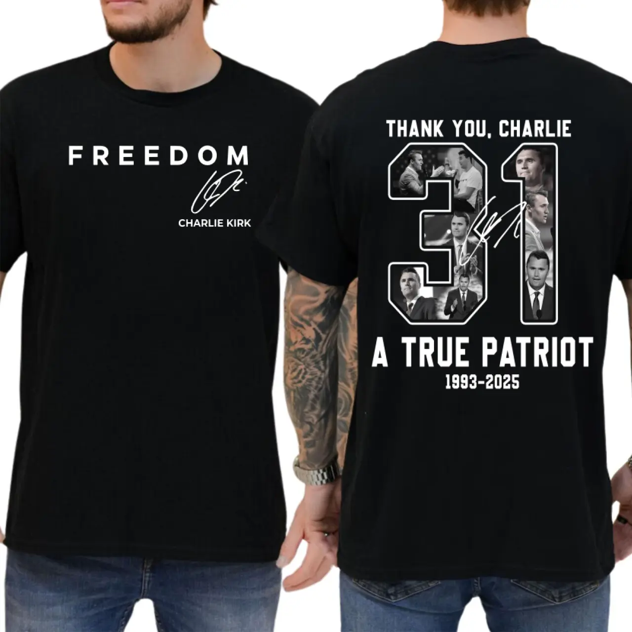 2-Sided Freedom Charlie Kirk Short-Sleeve Menswear T-Shirt, True Patriot Graphic Tee, Rest In Peace Charlie Kirk, 100% Cotton, Made in USA, Men's/Women's Casual Streetwear Top, All Colors, Sizes S-4XL, Shortsleeve