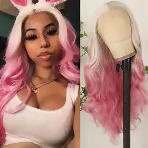 13X4 Free Part Ombre Pink Body Wave Lace Front Wigs For Women 28 Inch Long Wavy Hair Wigs Glueless Soft Pink Ombre Colored Synthetic Wigs Heat Resistant Wig Natural Long Wave Lace Front Wigs For Daily Party Cosplay Use