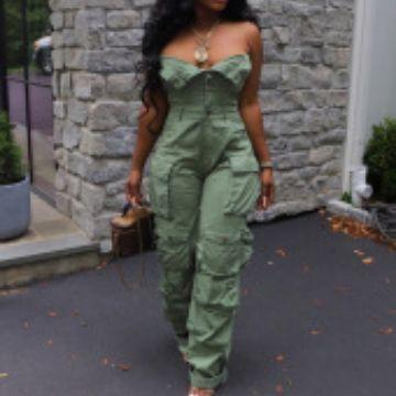 Women's Sexy Off Shoulder Tube Denim Cargo Jumpsuits Wide Leg Baggy Loose Jean Pants Rompers Overalls