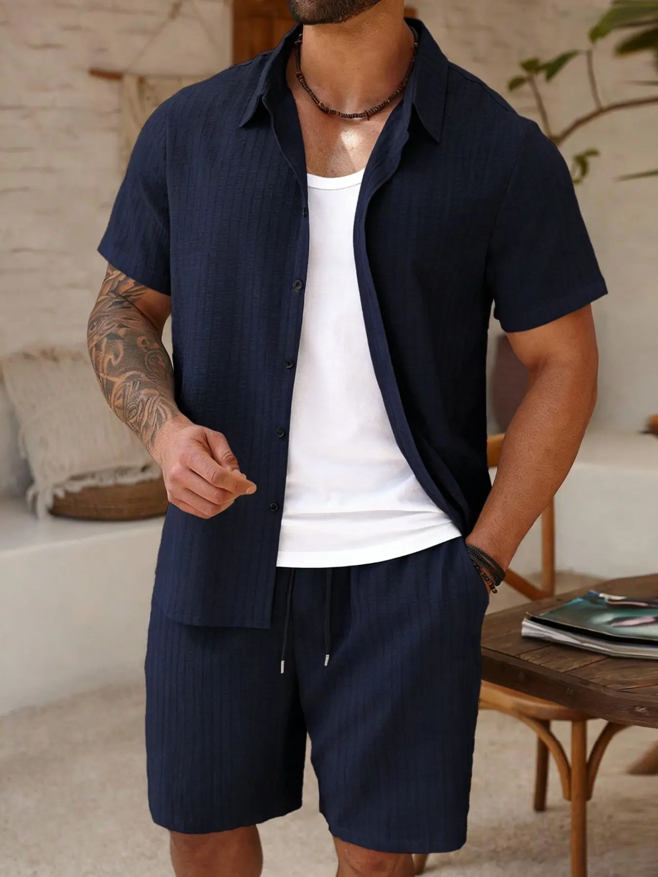 Men's Casual Vacation Short Sleeve Shirt Set, Summer Beach Men's Clothing, Perfect for Holiday and Travel
