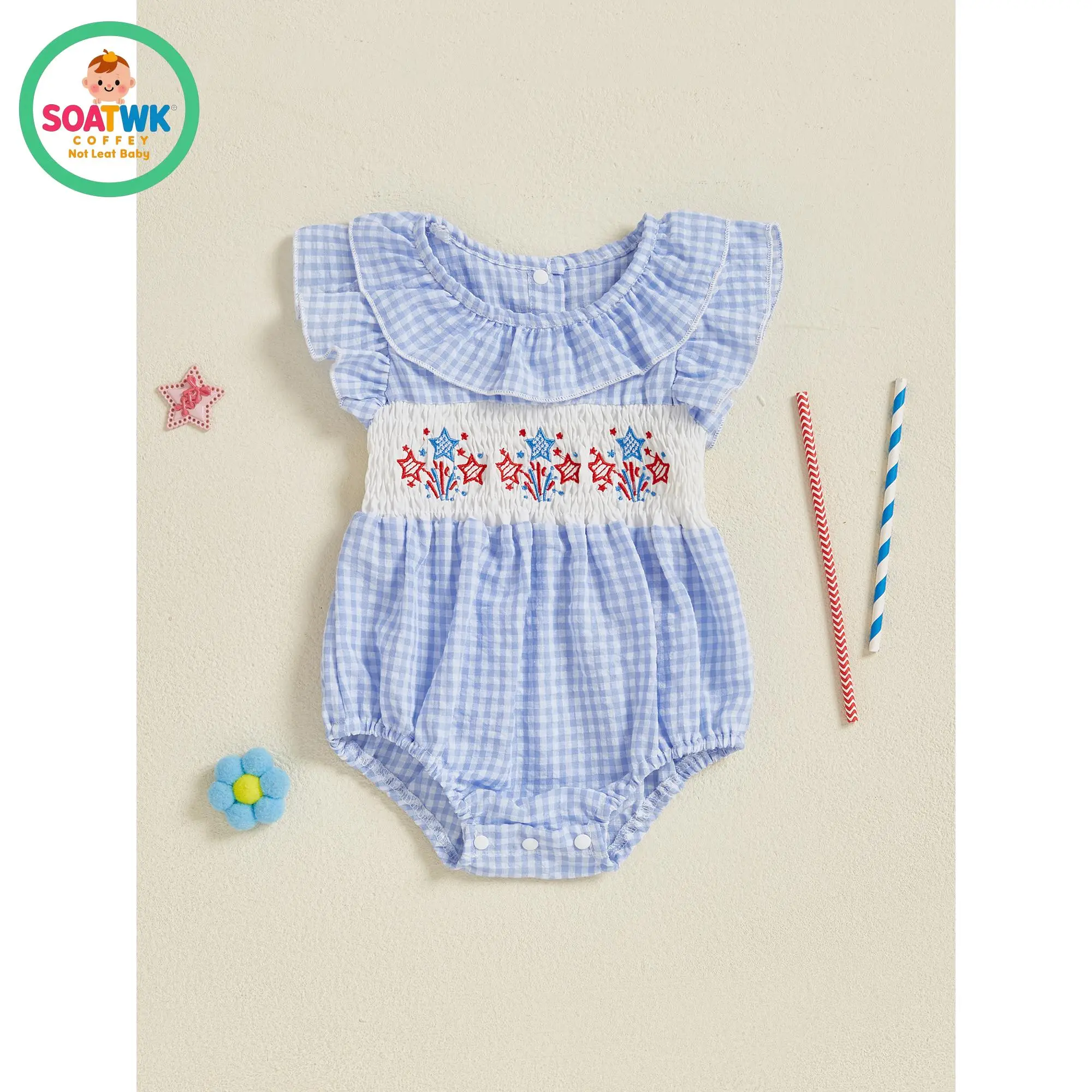 Baby Girls Rompers Independence Day Clothes Flag/Firework/Star Embroidery Plaid Fly Sleeve Bodysuits Jumpsuits