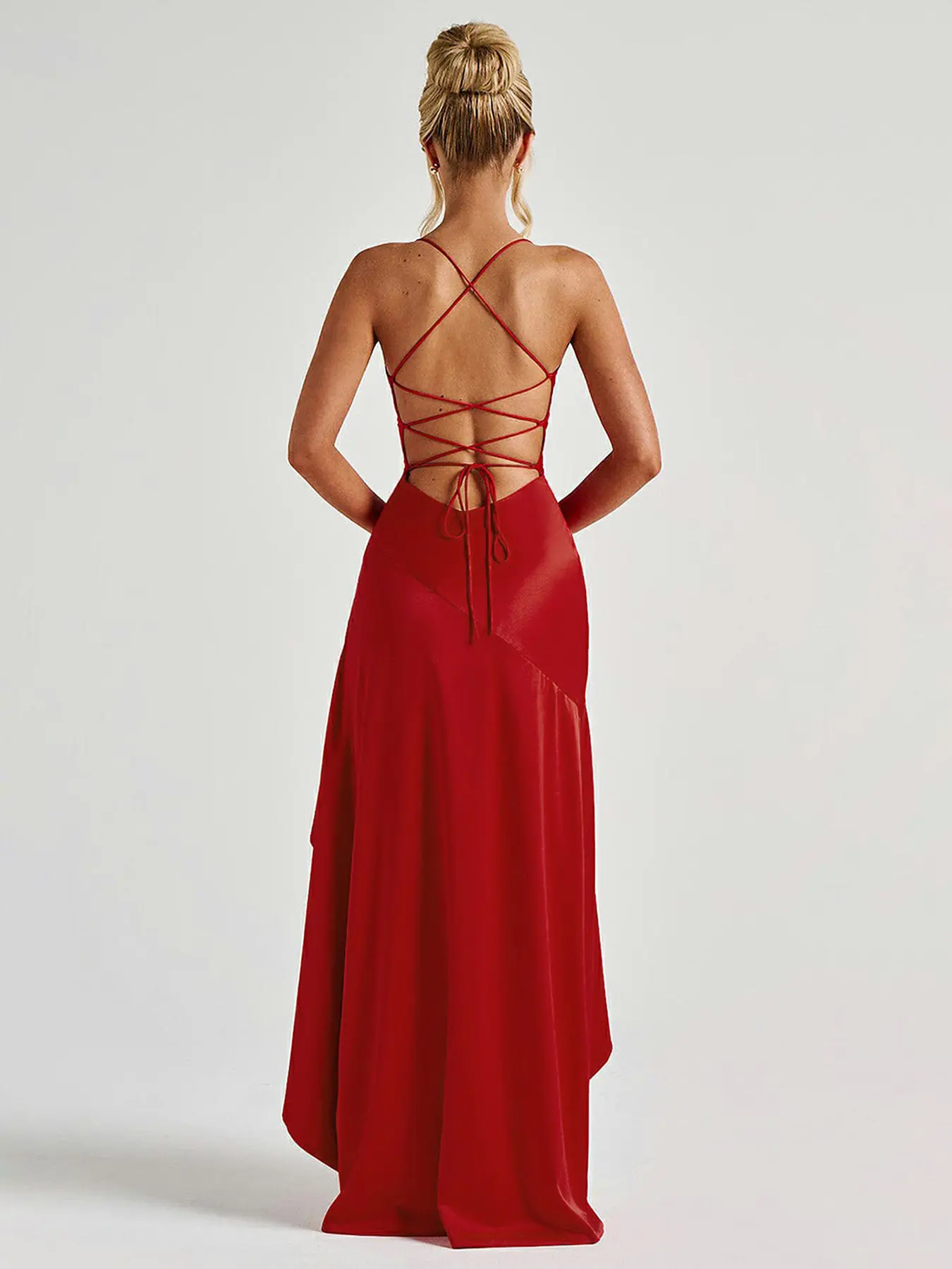Women's Sexy High Slit Ruffle Hem Satin Strap Red Long Dress, Tie Back Large Backless Design Square Neck Slim Fit Bodycon Formal Party Gown, Elegant Chic Fashionable Evening Dress - TikTok Shop Women's Sexy High Slit Ruffle Hem Satin Strap Red Long Dress, Tie Back Large Backless Design Square Neck Slim Fit Bodycon Formal Party Gown, Elegant Chic Fashionable Evening Dress - TikTok Shop