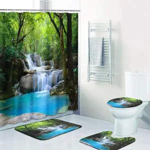 72"x72" Flannel Waterproof Lightweight Decorative 4-Piece Shower Curtain Set - Scenery Waterfall Design, Non-Slip Rug, Toilet Lid Cover & Bath Mat for Bathroom Decor