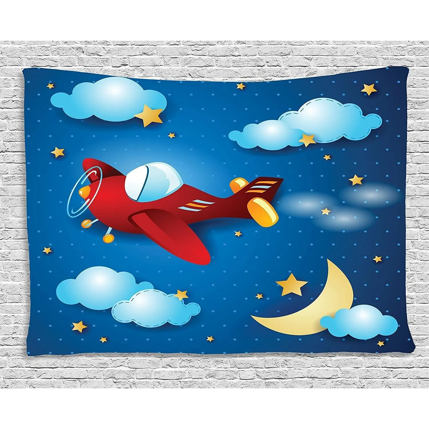 Retro Airplane Night Sky Cloth Tapestry - 80x60in Wrinkle Resistant Blue Red Linen Peach Mat, Digital Print Moon Stars, Sensory Artistic Home Supplies, Photo-Worthy Wall Decor for Bedroom, Anniversary Business Venues