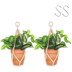 2 Pack Beaded  Hanger Indoor - Macrame  Planters for  Holder No Tassels with Wooden Beads Boho  Rustic  Decor ( Color Bead-2pcs)