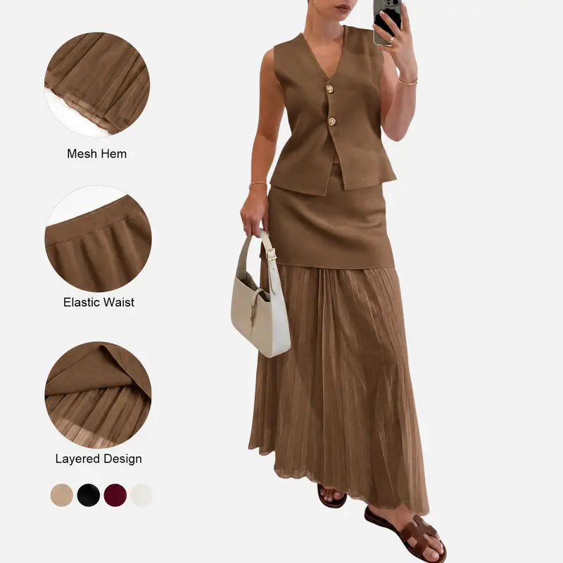 Imily Bela Womens 2 Piece Outfits V Neck Sleeveless Blazer Waistcoat and Mesh Maxi Skirt Suit Matching Sets Button Vest & Pleated Trendy Elegant Going Out Outfit