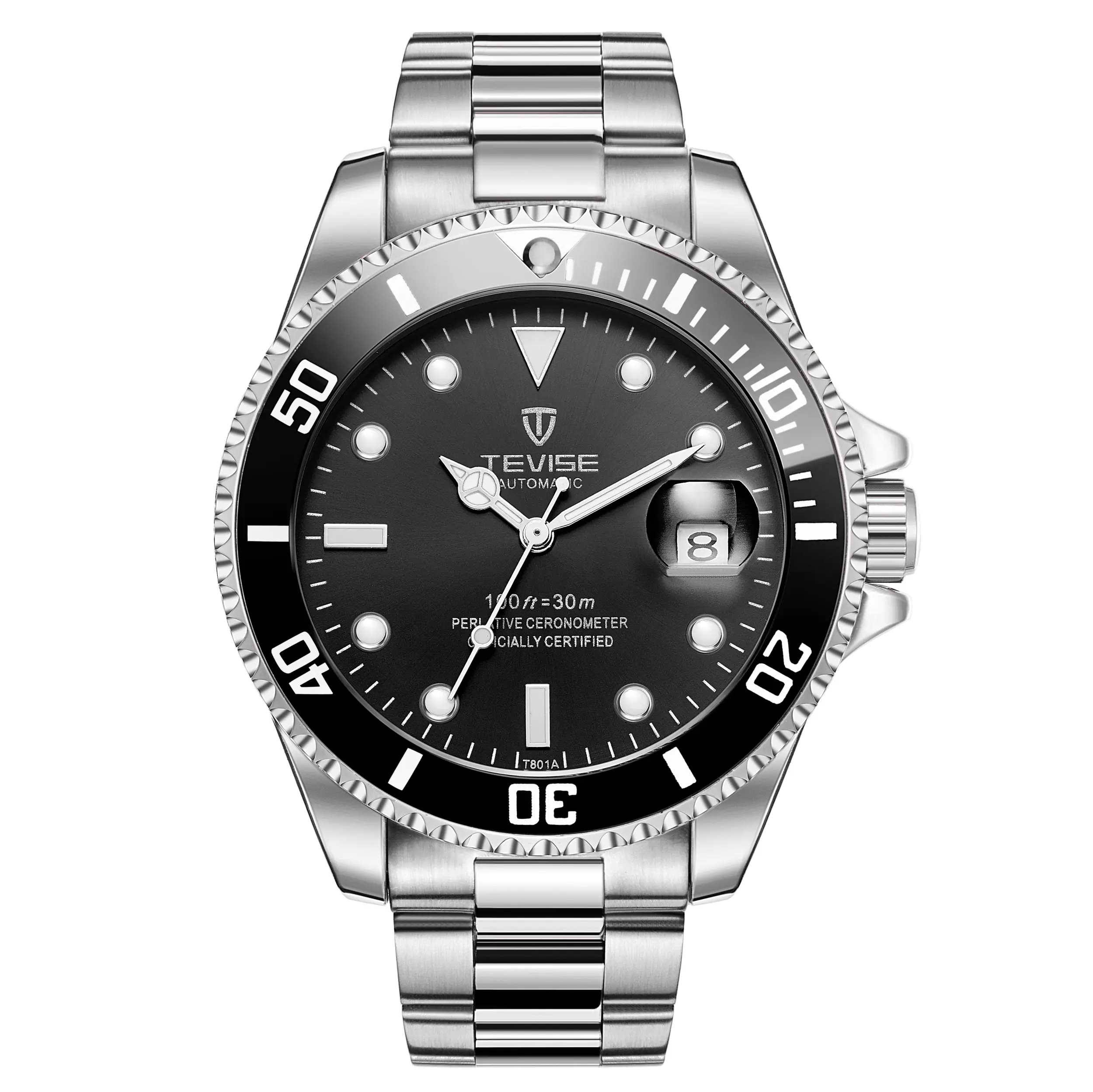 #13 T801A-Black High Quality Fashion Analog Watch - Automatic Mechanical Men's Timepiece, Round Black Dial, 30m Waterproof, Stainless Steel Butterfly Clasp Band, Luminous Date Display, Business Use, Father's Day Gift Option, Automatic Watches