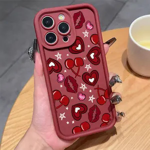 A high-end wine red cherry, lip print, and heart-shaped TPU shockproof full coverage case, specifically designed for iPhone 17 E Air Pro ProMax iPhone16 15 14 Plus 13 12 Mini 11 X XS XR, Phone Case, Full Coverage,Seamless Edge, Fashion Phone Users