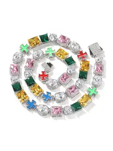 Iced Out Multicolor Gemstone & Enamel Cross Link Bracelet/Necklace, Brass Base with AAAAA+ Zircon, Rainbow Square & Oval Gem Design, Unisex Hip Hop Bling Jewelry, Luxury Streetwear Accessory for Men & Women