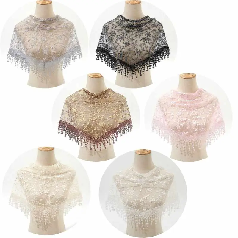 6pcs Floral Lace Mantilla Veil, Vintage Chapel Veil, Sheer Floral Triangle Headscarf with Tassels for Church, Baptism, Weddings & Special Occasions