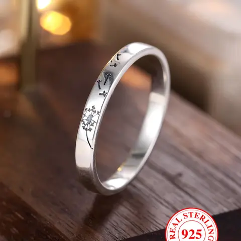 925 Sterling Silver Dandelion Engraved Ring, Elegant Ring, Unique Rings, Flower Ring, Fashion Accessories for Both Men & Women, Trendy All-match & Exquisite Jewelry for Birthday Gift, Elegant Everyday Ring, Real Rings, Beautiful Rings, Elegant Casual Ring
