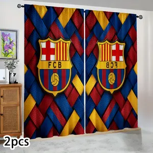 Semi-blackout curtains with Messi Barcelona logo on a red, blue, and yellow background. Suitable for bedrooms, living rooms, kitchens, hotels, gazebos, celebrity-themed decorations, fan celebrations, holiday gifts, and birthday presents.