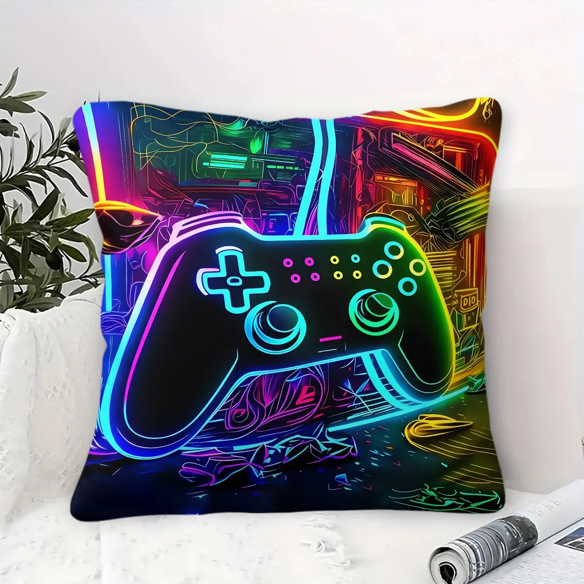 Cyberpunk Style Throw Pillow with Inner Cushion, 45cm Square Throw Pillow, Zipper Closure, Neon E-Sports Controller Print Pattern, Soft Comfortable Decor for Bedroom & Sofa, Technological Soft Furnishings