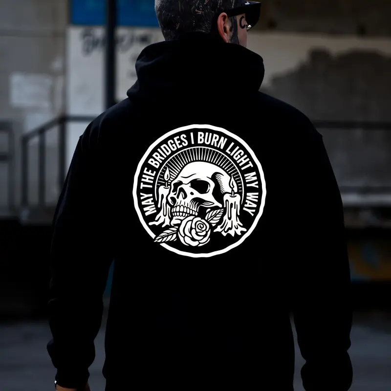 Men's 'May the Bridges I Burn' Skull Print Hooded Sweatshirts, Stylish Pullover Tops in a Soft Stretch Fabric, Casual Streetwear with a Universal Fit, Spandex, Menswear, Long Sleeve, Vibrant, Classic, Cotton