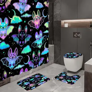 1/4pc cute glowing bat pattern bathroom set, The 4-piece set includes a single shower curtain, anti slip floor mat, toilet U-shaped mat, toilet lid mat, with shower curtain hook, and belongs to bathroom decoration products