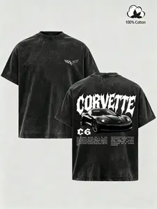 Vintage Washed Corvette C6 Graphic T-Shirt, Washed Racing Car Tee, 100% Cotton Crewneck, Classic Sports Car Merch for Men & Boys, Trendy Retro Unisex Top