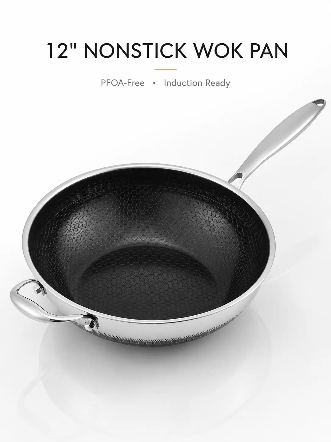 [2-TYPE] 12-Inch / 13-Inch Honeycomb Nonstick Wok Pan, PFOA-Free Stainless Steel, Induction Ready