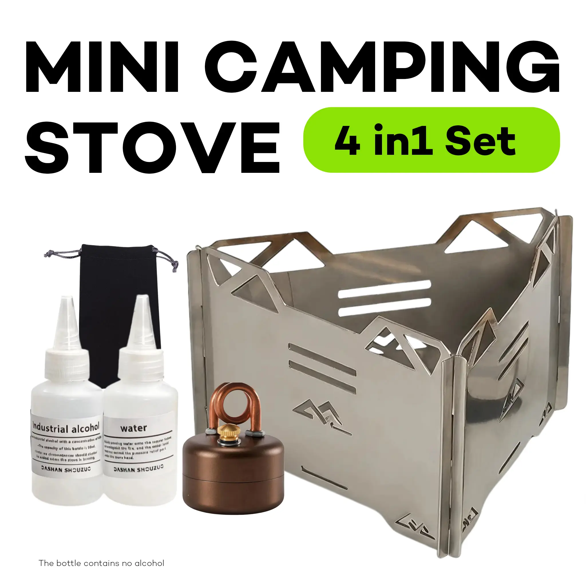 4-Piece Portable Alcohol Camping Stove Set - Brown, Stainless Steel & Aluminum Vaporizer Burner, Storage Bag, Bottles, Wind Deflector, Compact Lightweight Fast-Heating Cooker for Backpacking, Camping Kitchen Supplies