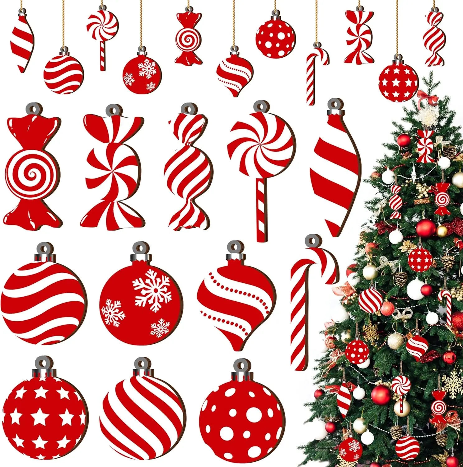 Christmas Candy Lollipop Ornaments Set -24Pcs for Xmas Tree Decoration Wooden Hanging Peppermint Candy Cane Ball Pendants for New Year Home Decor Party Supplies (Red)