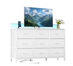 9-Drawer Fabric Dresser TV Stand, Multifunctional Storage Cabinet with Power Outlets & LED Light, White