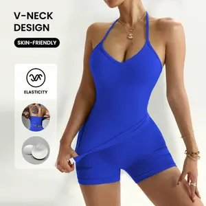 Sports Studio Women's 2-piece Seamless Yoga Set Blue Longline Strappy Top & Sculpting Shorts for All Seasons & Workouts Fitness Clothing