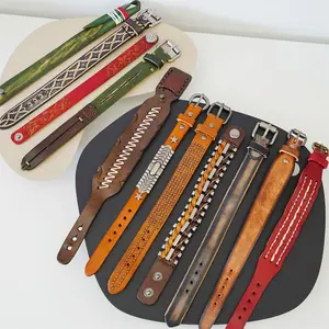Vintage Vegetable Tanned Cowhide Cuff bracelet For Men Woman Punk Bangle Rubbed Distressed Denim Colored Wristband