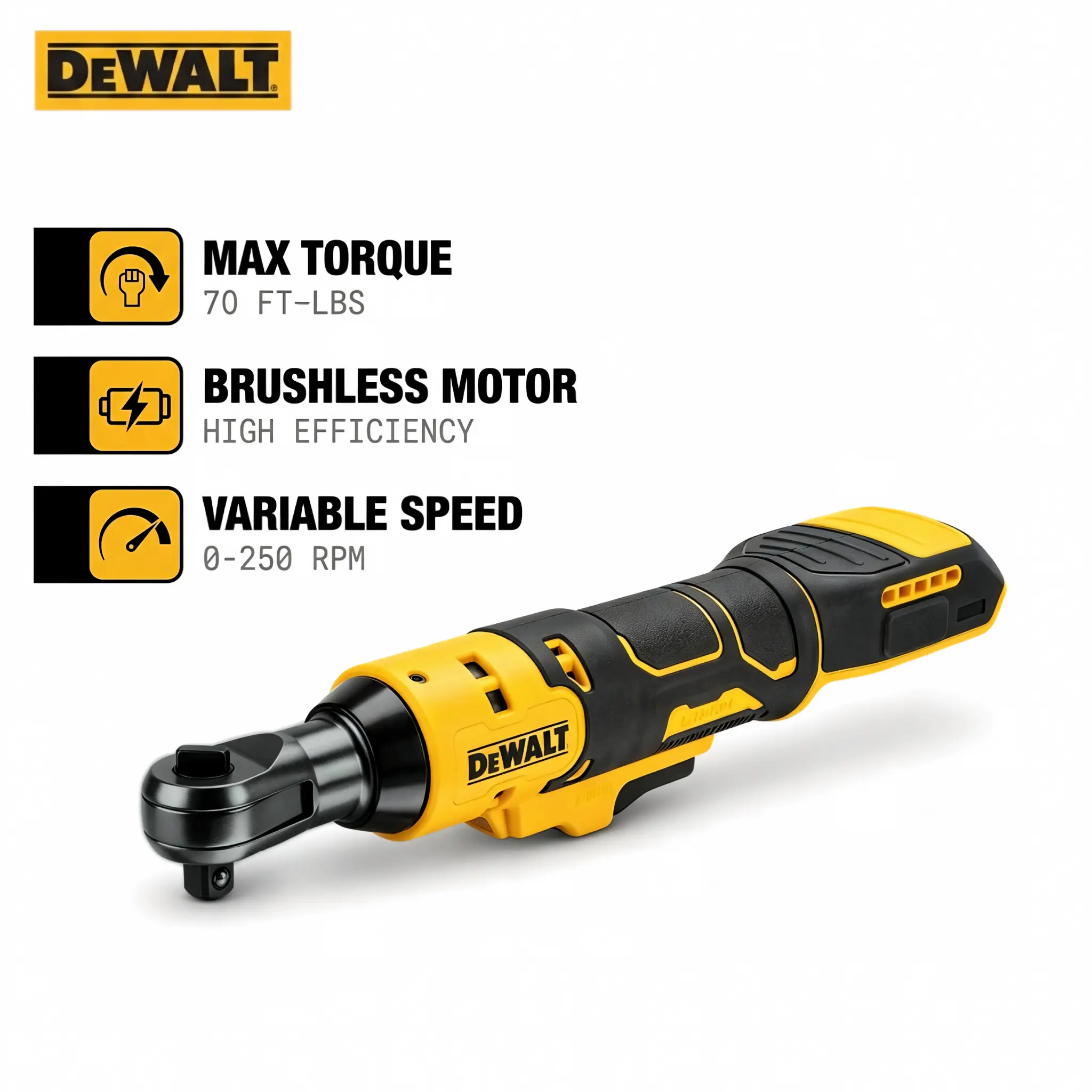 DEWALT DCF512 High Torque Cordless 1/2 in Square Drive Ratchet Wrench - 95 Nm Torque, Forward-Reverse Adjustment, Direction Switch, Built-in Light, Steel Ball Detent, Slim Portable Handheld Cordless Power Tool for Vehicle Care, Workshop Maintenance
