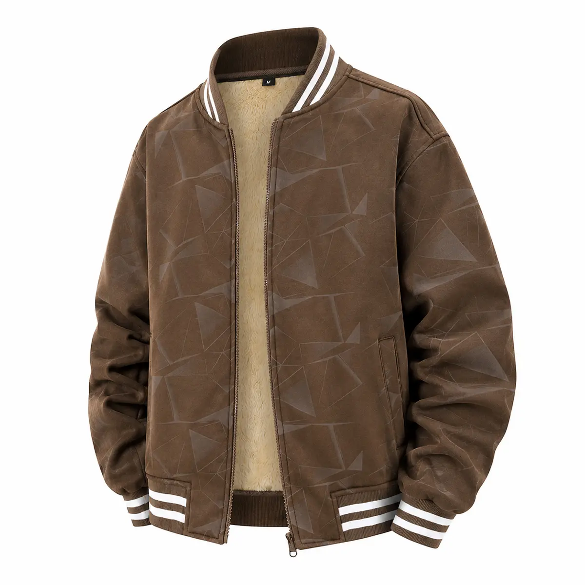 Menswear Vintage Printed Varsity Jacket for Men, Long Sleeve Casual Tops, Thick Sherpa Lining, Zip Closure, Wrinkle-Resistant Fabric, Elastic Hem & Cuffs, Trendy Hip Hop Street Winter Coat