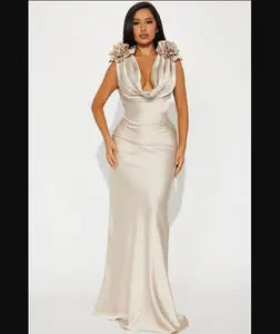 Champagne Draped Satin Dress with Cowl Neckline & Low Back - Elegant Maxi Formal Women's Wear with Side Zip Closure & Delicate Shoulder Flowers