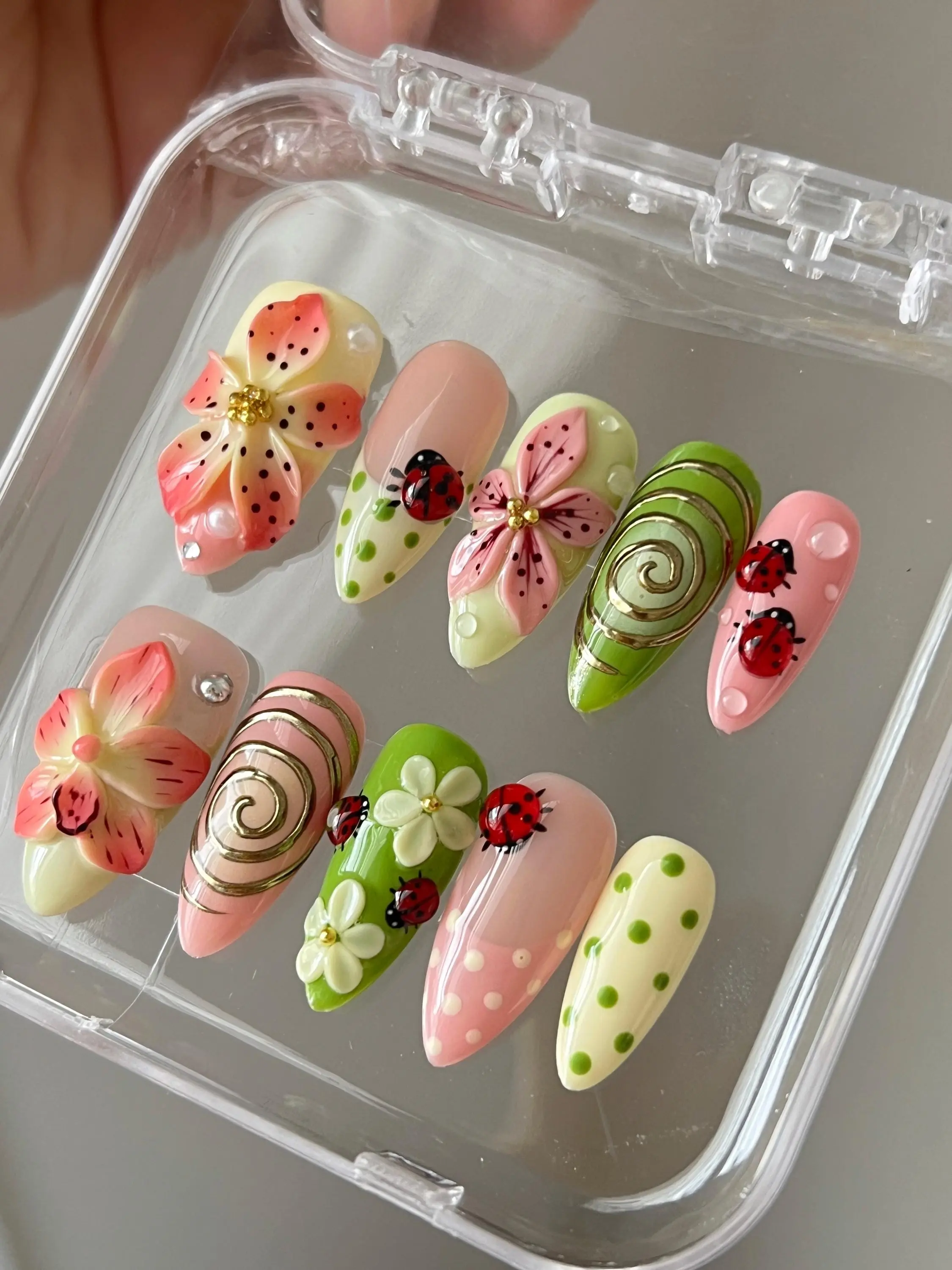 Ladybug Flower Press On Nails | 3D Floral Gel Fake Nails (Medium Almond)