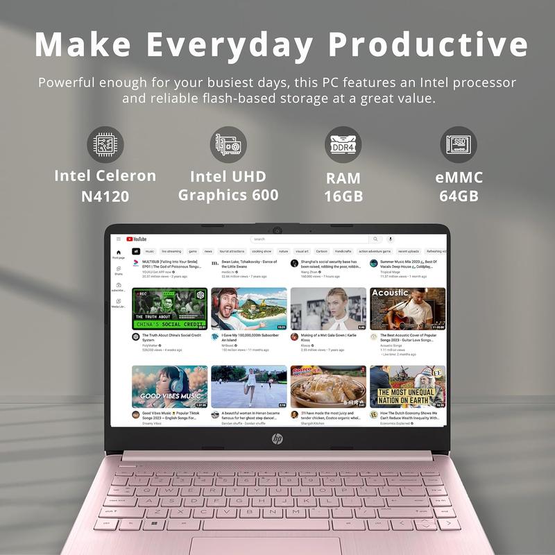 HP Premium 14" Stream HD Laptop, Intel Celeron N4120 CPU, Up to 16GB RAM, 64GB eMMC, Webcam, UHD Graphics, Bluetooth, WiFi, HDMI, 1 Year Office 365, Win 11s, Pink