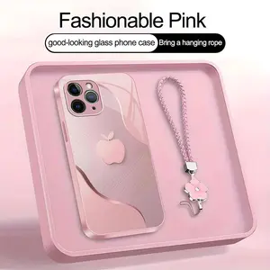 Luxury Faux Brushed Metal Texture Phone Case with Flower Lanyard | Glossy Glass Feel 2D Printed Cover | for [iPhone 11 Pro Max] 952