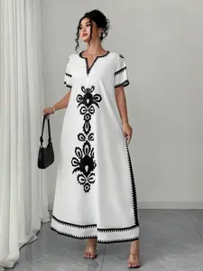 Women's Ethnic Style Print Short Sleeve Long Home Dress, Elegant Plus Size Casual Wear, Comfort Fit Daily Use, Fitted