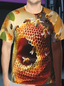 Men's 3D Printed Honeycomb T-Shirt with Golden Bees & Dripping Honey Design - Breathable Polyester Short Sleeve Round Neck Streetwear Tee, S-3XL Suitable for Casual Wear, - Fit for Daily Outfits