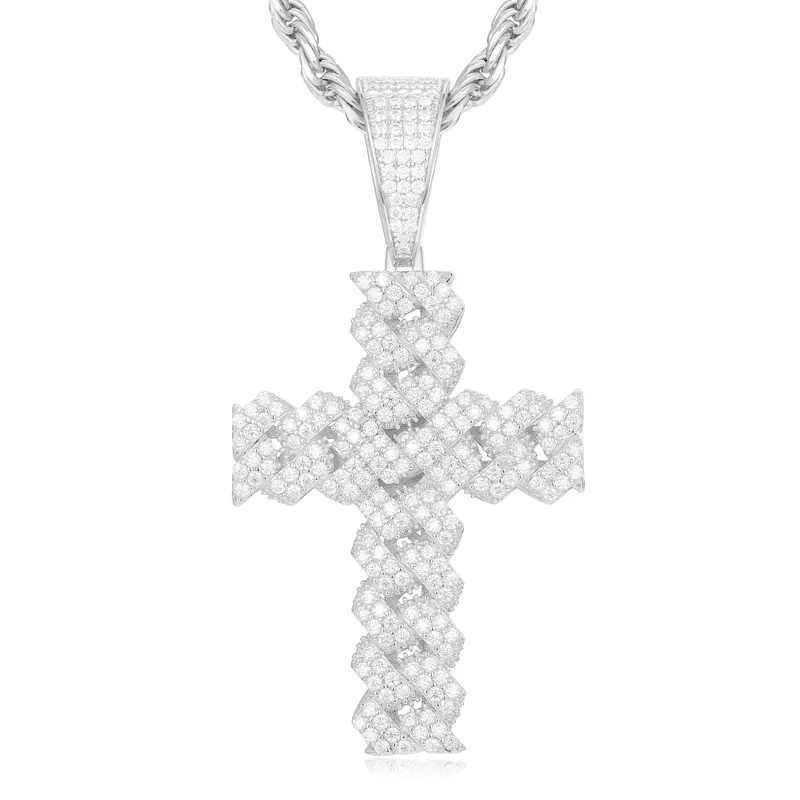 UCCIYO P259 Male 925 Sterling Silver Religious Cross Exquisite Trendy Pendant - D Color VVS Synthetic Moissanite Iced Out Twisted Charm, 58mmx30mm Hip-Hop Statement Necklace, Jewelry Gift for Anniversary
