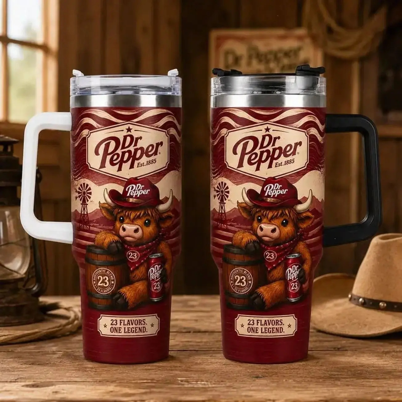 40oz Portable Insulated Highland Cow Dr. Pepper Tumbler with Handle - Stylish Western Retro Soda Lover Water Bottle, Kitchenware Drinkware Insulated Cup