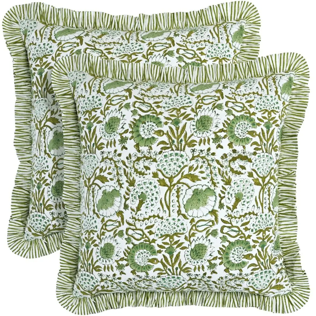CPC Block Print Ruffle Throw Cover Agate Green 16"x16" Inch Pack of 2- 100% Cotton Ruffle Couch Decorative Boho Pillows Case For Living Room, Bedroom, Sofa, Farmhouse Gift For All