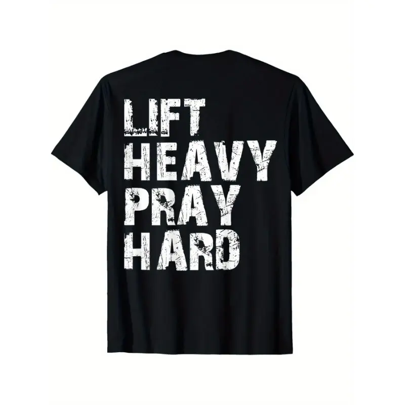 Men's Cotton T-Shirt, Cute Graphic Print Top for the Gym, Chic "Lift Heavy Pray Hard" Motivational Faith-Based Streetwear