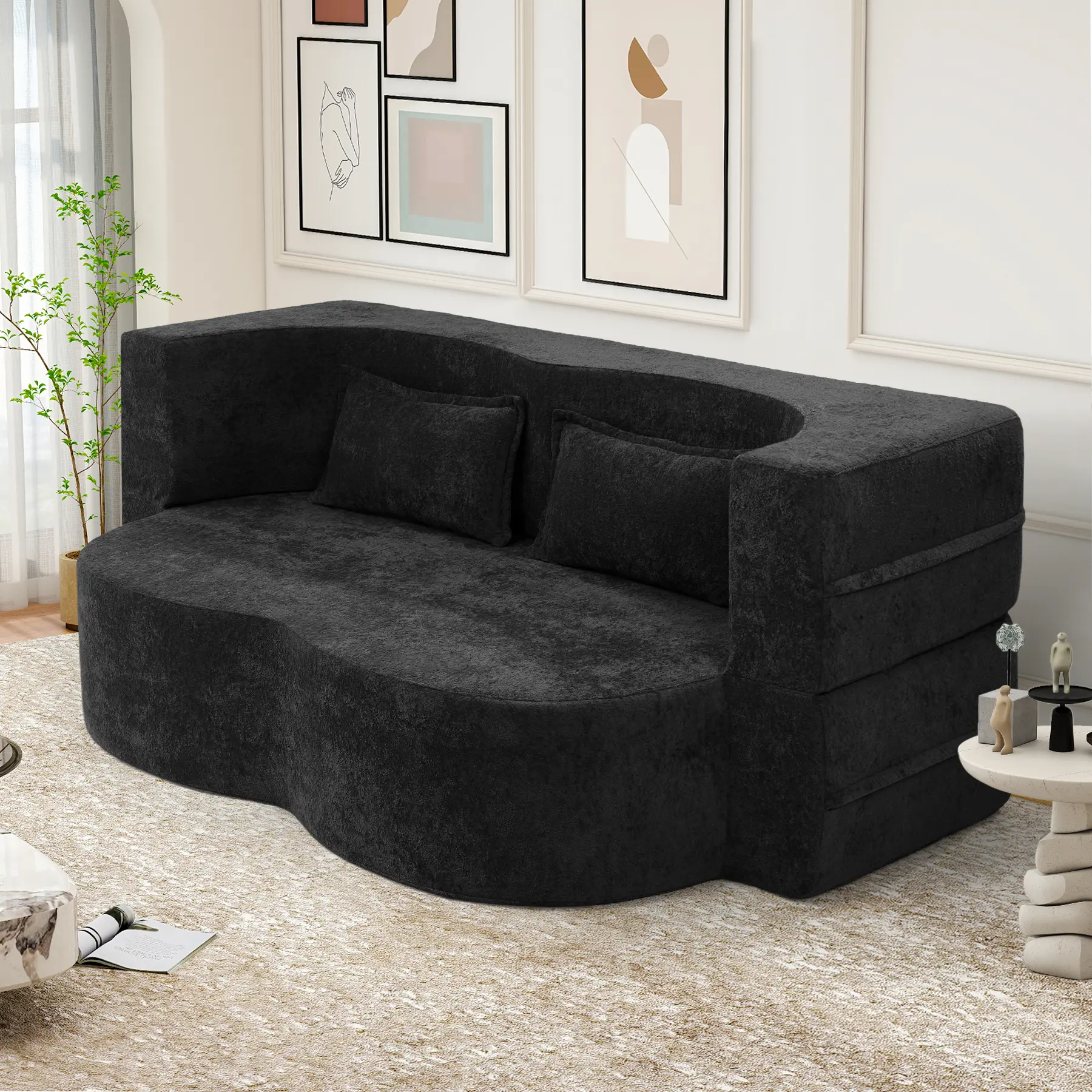 78" Convertible Sofa Bed with Pillows Queen Sleeper Sofa,Foam Folding Mattress Sleeper Modern Teddy Fabric Floor Cushion and Futon Chaise Lounge Sofa,For Apartments,Guest Rooms,Guest Use,Condo,Gary