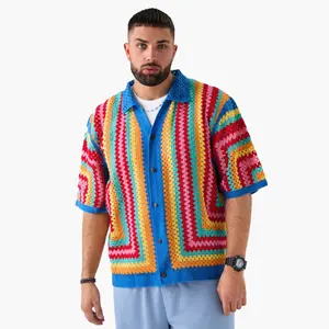 Men's Short Sleeve Hollow Out Knit Shirts Collar Button Up Striped Sweater