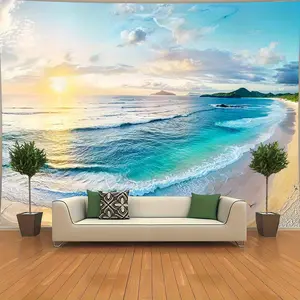 Oversized Ocean View Tapestry - Blue Sky and Ocean View, Weaving Polyester Fabric, Gorgeous Sunset Waves and Mountain View, Horizontal Living Room Bedroom Office Decoration, No Power Supply, Durable and Easy to Clean, Ocean Themed Wall Decoration