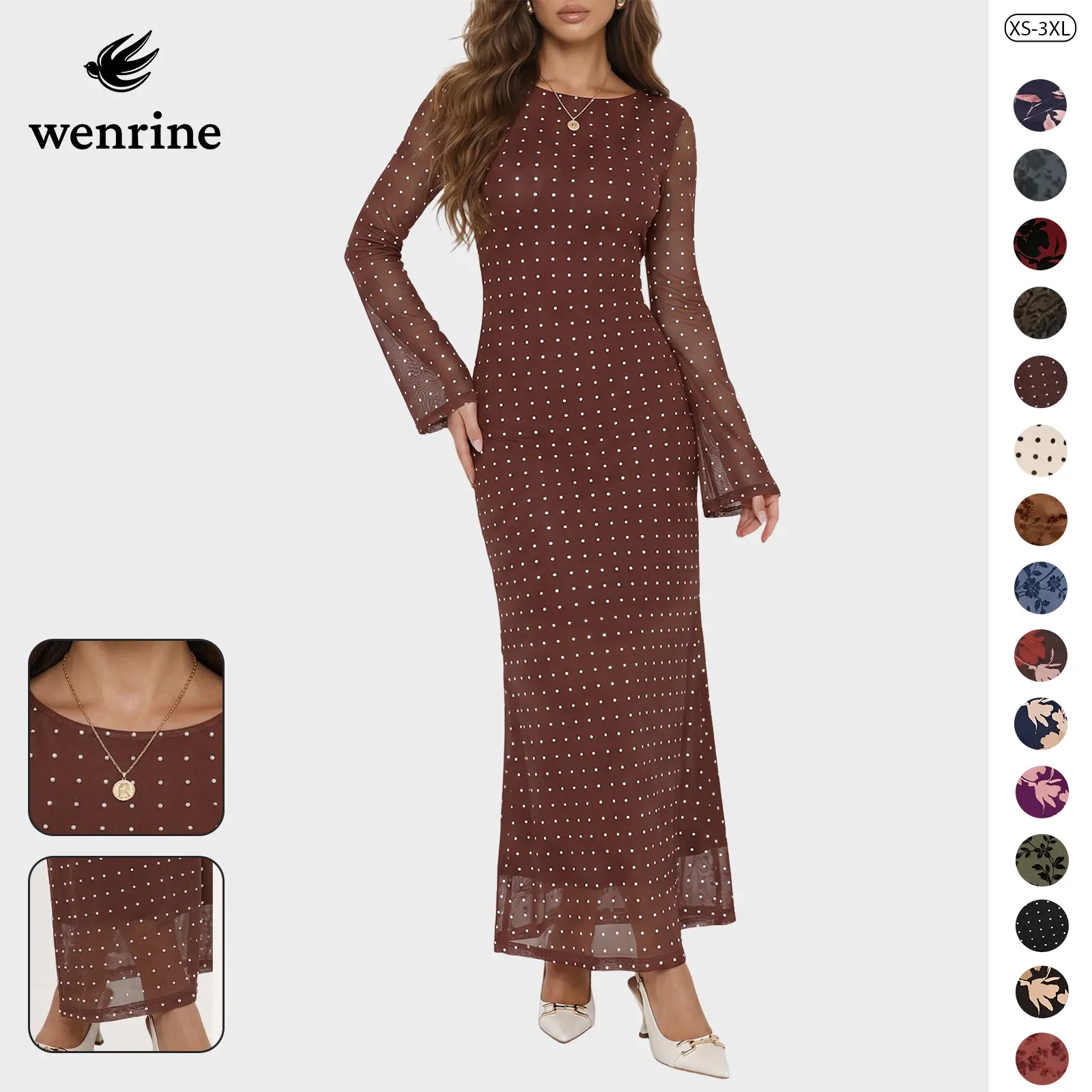Wenrine Womens Long Sleeve Maxi Dress Floral Mesh Wedding Guest Dresses | long sleeve dress,floral pattern,polka dot,mesh fabric,bodycon,cocktail,party,slim fit,crewneck design,elegant