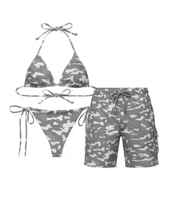 Grey Camouflage Matching Couple Swimsuit - Sexy Tie-Side Bikini & Cargo Style Swim Shorts | Aesthetic Military Inspired Summer Apparel 2026