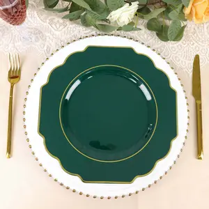 10 Pack Hunter Emerald Green Hard Plastic Dinner Plates, Disposable Tableware, Baroque Heavy Duty Plates with Gold Rim 11"