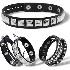 4PCS Studded Punk Bracelets & Choker Necklace Set, Adjustable Goth Emo Leather Bracelet for Men Women