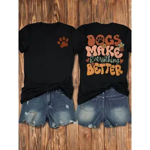 Dogs Make Everything Better Graphic Tee Cute Paw Print Vintage Retro Shirt Women Casual Oversized Short Sleeve Crewneck Soft Comfy Everyday Outfit