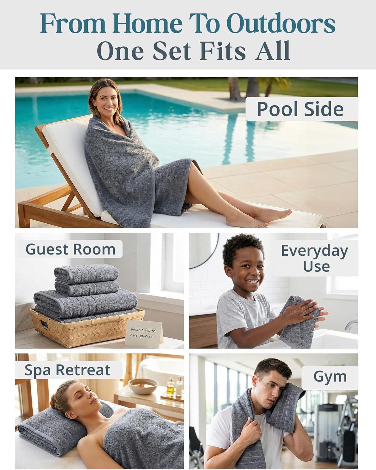 100% Cotton Towels Set for Bathroom - 12 Pc Family Pack - Super Soft & Quick Dry - 4 Bath, 4 Washcloth, 4 Hand Towels - Oeko TEX Certified, Machine Washable & Durable - Cool Grey