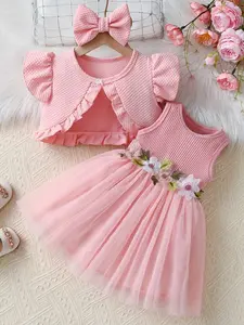 Baby Girl Sleeveless Floral Dress Set, Small Vest Jacket & Butterfly Hairband, Cute Toddler, Toddler Outfit, Perfect for Spring & Summer