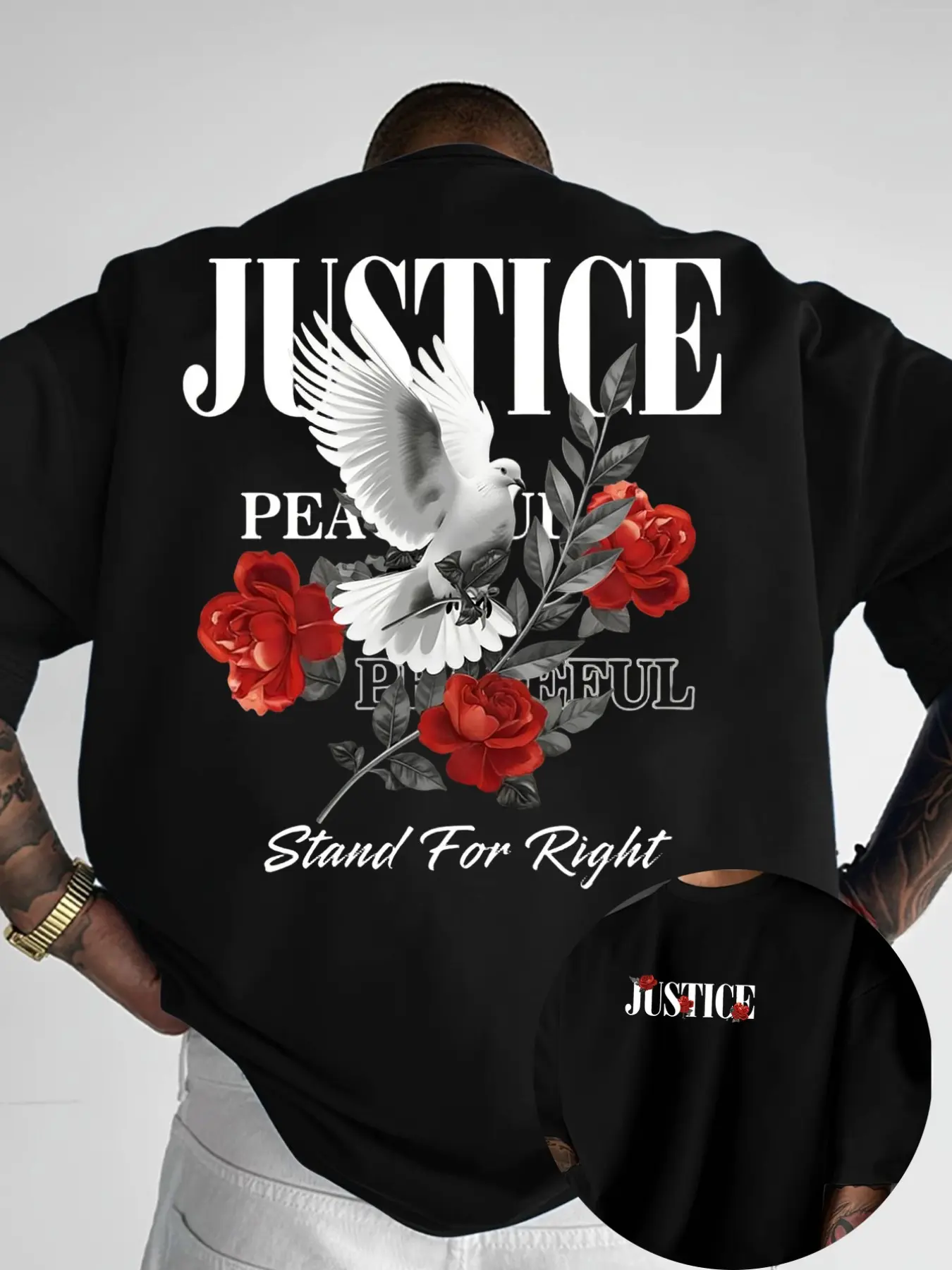 Men's Classic Justice Peace Dove Rose Graphic Print Fitted T-Shirt, Summer Casual Breathable Comfort Round Neck Short Sleeve Top, Outdoor Wear